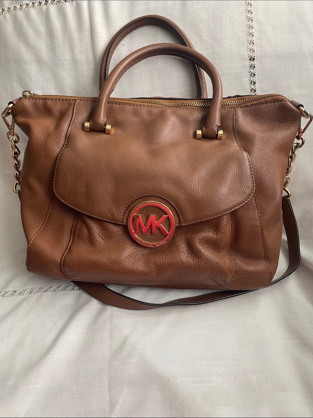 Michael Michael Kors Brown Leather Satchel /Crossbody with MK Medallion EUC
